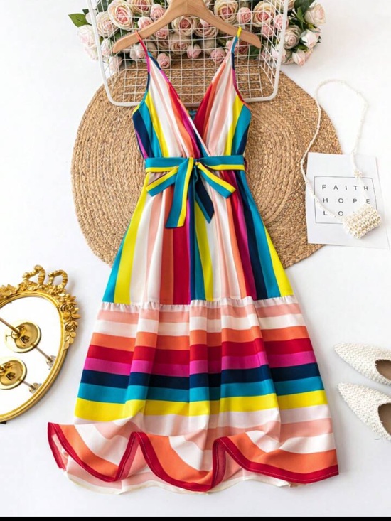 Dresses & Skirts - Rainbow Colorblock Striped Spaghetti Strap Maxi Dress Sundress Ruffle Belted L